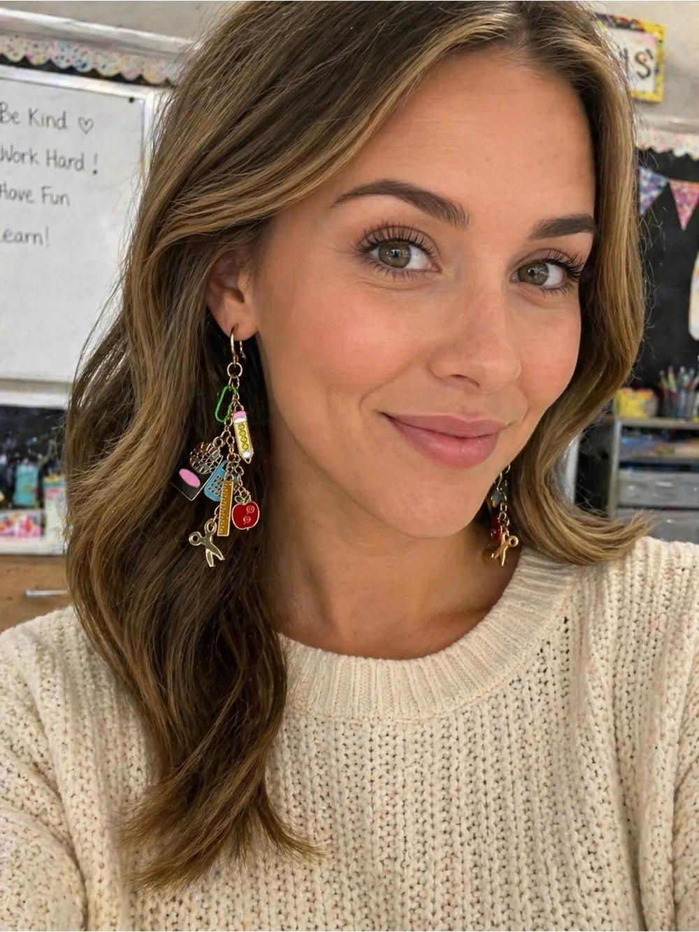 Teacher Charm Dangle Earrings Gold Tone Apple Pencil Classroom School Gift New